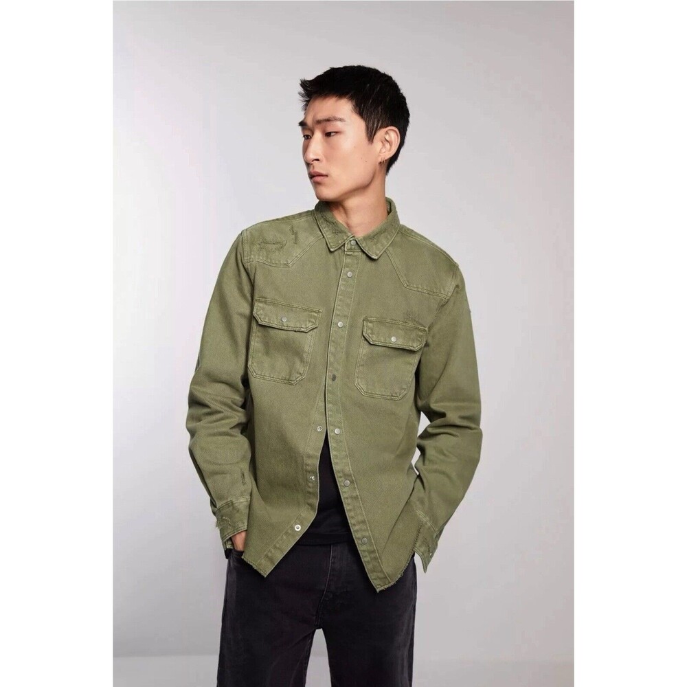 Zara Man Distressed Denim Shacket Jacket Size M Green Snap Buttons WORN ONCE
